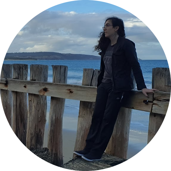 An image of our current vice president Ada Keren Black. They are in a beach environment, standing on a large rock and leaning against a large wooden fence. She is wearing casual clothes, including a grey shirt with the symbol for pi visible on it, and looking off to the side of the image. The sea is visible behind the fence.  
