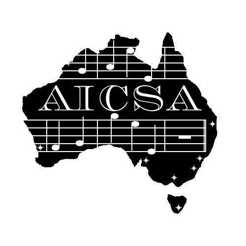 The logo of AICSA - it's a black map of Australia with AICSA across the middle in white-outlined black letters, and two white staves with some music notation on them above and below the AICSA in the middle