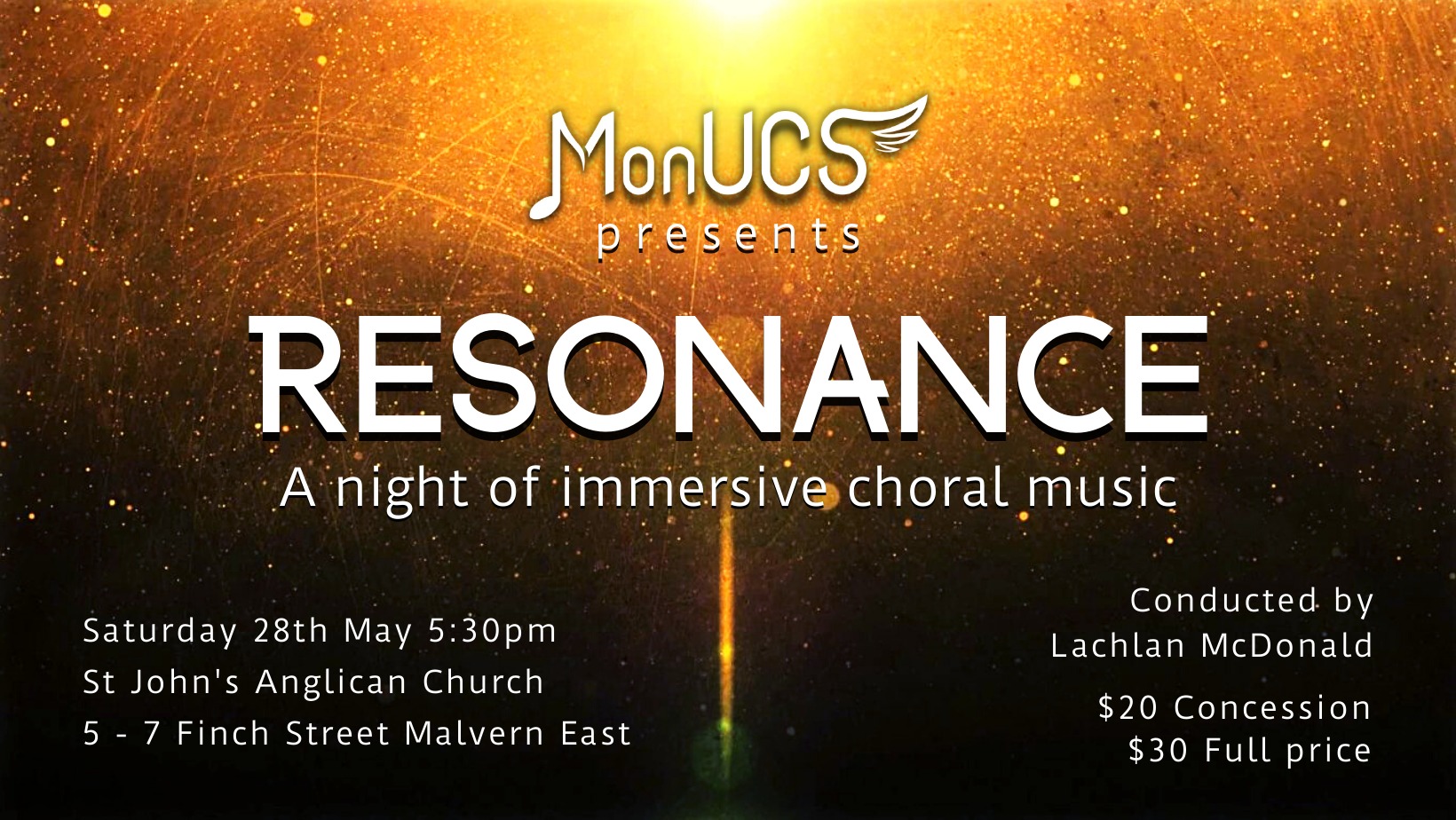 Our banner advertsnig our concert "Resonance: A night of immersive choral music", with other information that is in the post