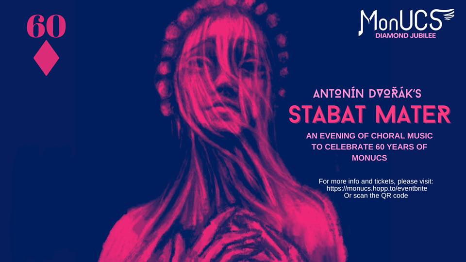 Our poster for the upcoming concert! Features a pink image of an aged woman statue looking sorrowful on a purple background. In the top left there's a pink diamond with a pink number 60 above it, and in the top right it says MonUCS DIAMOND JUBILEE. The main text is on the centre-right and says MonUCS presents STABAT MATER - an evening of choral music to celebrate 60 years of MonUCS.