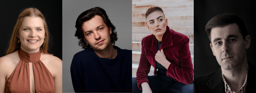 A merged set of four different promotion photos, one of each of our soloists. The leftmost is Rachael Joyce, who has long light brown hair and is wearing a stylish sleeveless strapped copper-coloured garment. The next is Jack Jordan, who tilts his head while looking neutrally into the camera, has medium-length dark brown hair that is combed back, and is wearing a blue sweater. The next is Alexandra Amerides, who has short buzzcut hair, is wearing a red jacket over a dark top, and raises one eyebrow in a quizzical expression as they are seated on light brown stairs in an outside environment. The last is Nicholas Dinopoulos, who has short dark hair, is wearing a black jacket over a red-and-white checkered shirt, and is looking forwards at a three-quarter angle with a neutral expression.