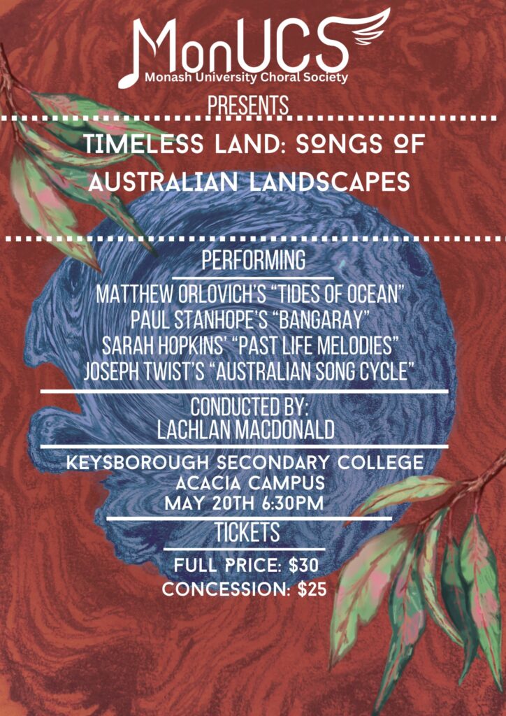 The poster involves imagery centering around old blue wood, red sands and green leaves that are meant to be evocative of Australian landscapes, and otherwise summaries information presented textually in the post